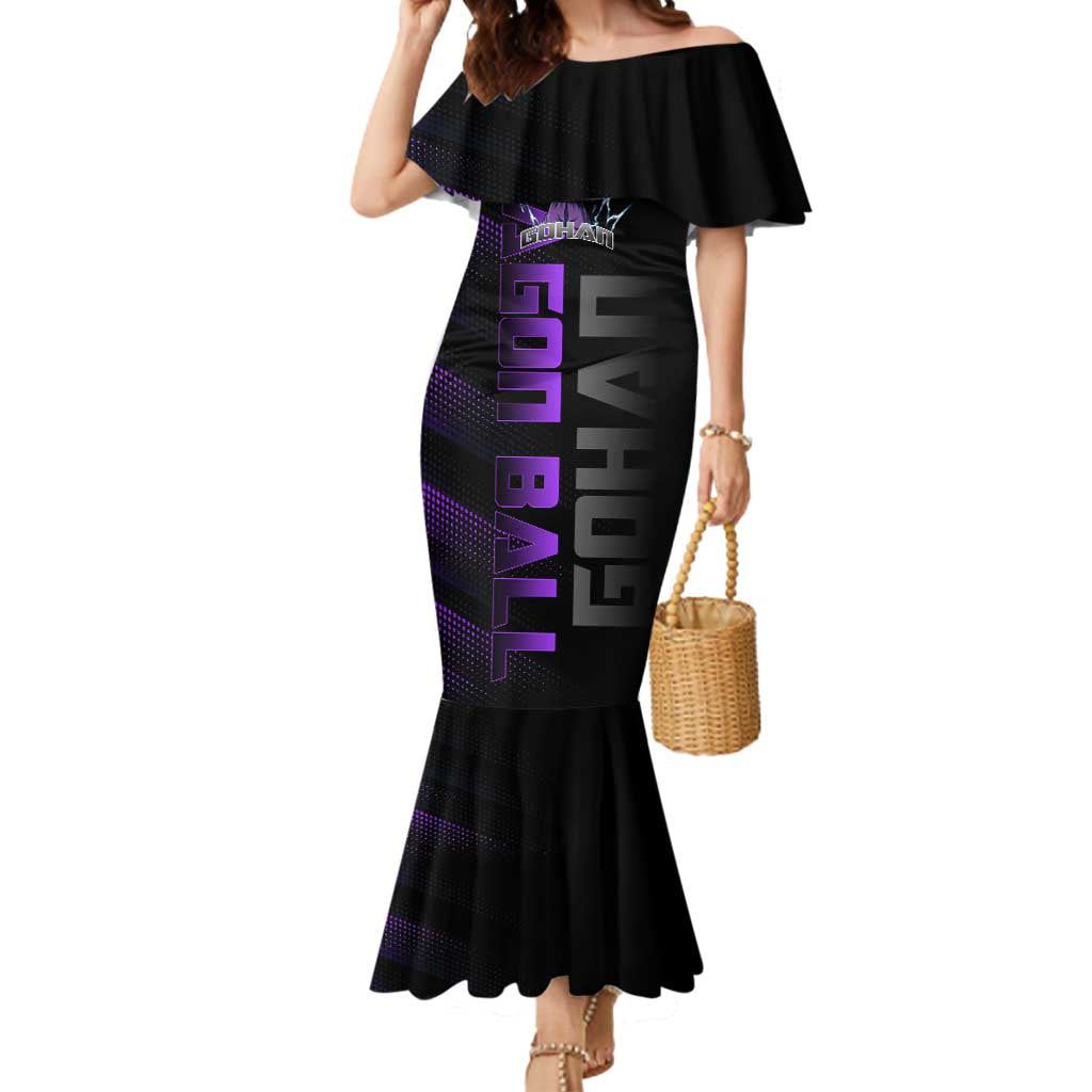 Gohan Dragon Ball Gym Theme Mermaid Dress with Dumbbell Power Lift and Electric Aura on Black and Purple Design - The Mazicc