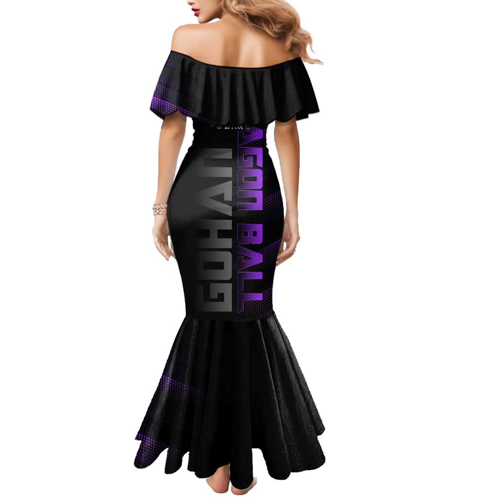 Gohan Dragon Ball Gym Theme Mermaid Dress with Dumbbell Power Lift and Electric Aura on Black and Purple Design - The Mazicc