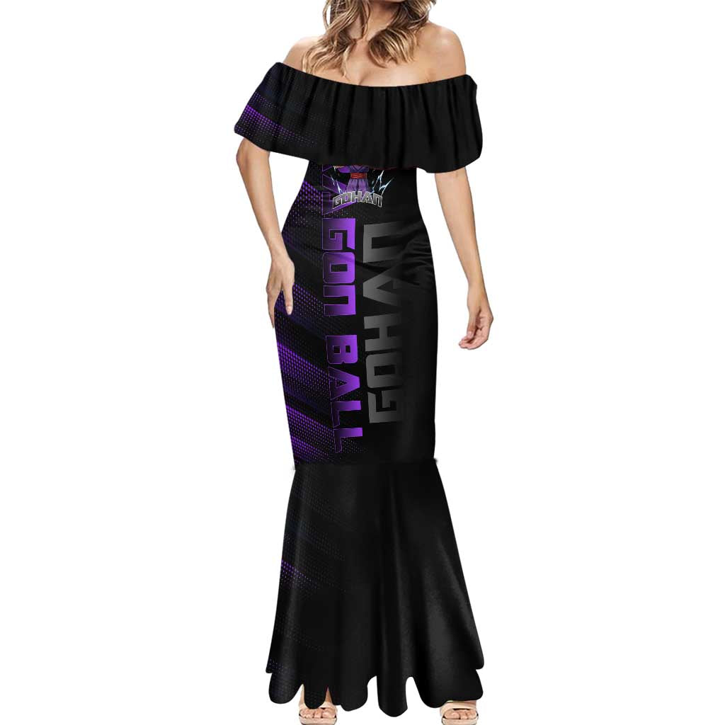 Gohan Dragon Ball Gym Theme Mermaid Dress with Dumbbell Power Lift and Electric Aura on Black and Purple Design - The Mazicc