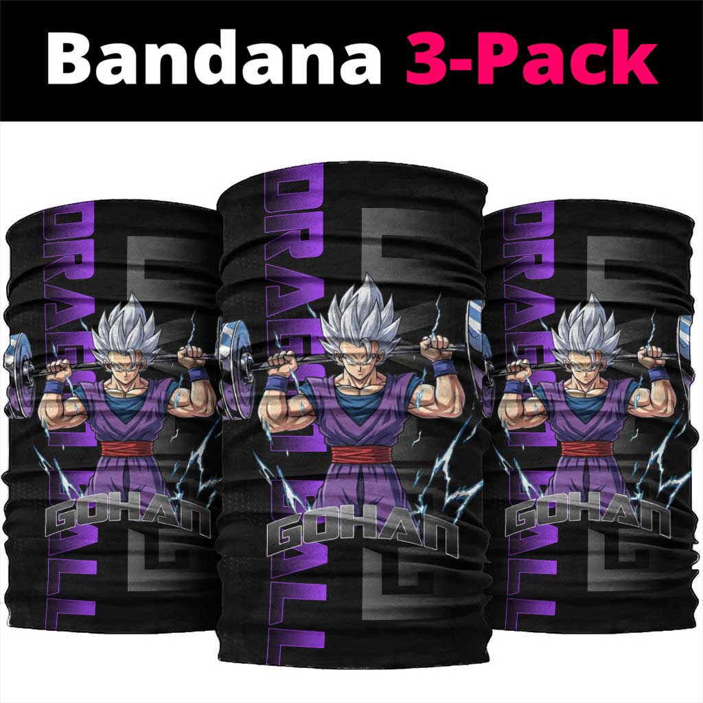 Gohan Dragon Ball Gym Theme Neck Gaiter with Dumbbell Power Lift and Electric Aura on Black and Purple Design - The Mazicc