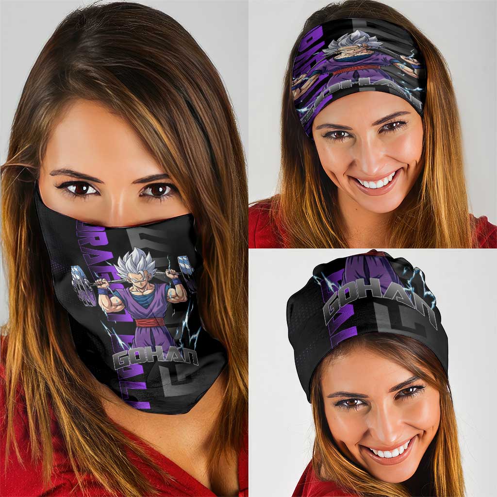 Gohan Dragon Ball Gym Theme Neck Gaiter with Dumbbell Power Lift and Electric Aura on Black and Purple Design - The Mazicc