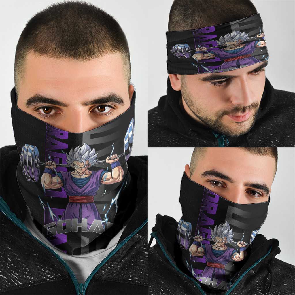 Gohan Dragon Ball Gym Theme Neck Gaiter with Dumbbell Power Lift and Electric Aura on Black and Purple Design - The Mazicc
