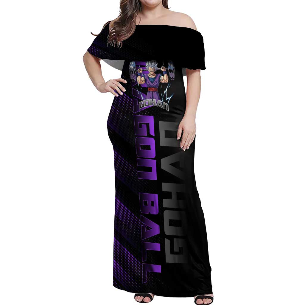 Gohan Dragon Ball Gym Theme Off Shoulder Maxi Dress with Dumbbell Power Lift and Electric Aura on Black and Purple Design - The Mazicc