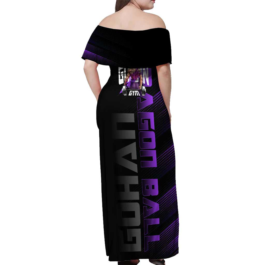 Gohan Dragon Ball Gym Theme Off Shoulder Maxi Dress with Dumbbell Power Lift and Electric Aura on Black and Purple Design - The Mazicc