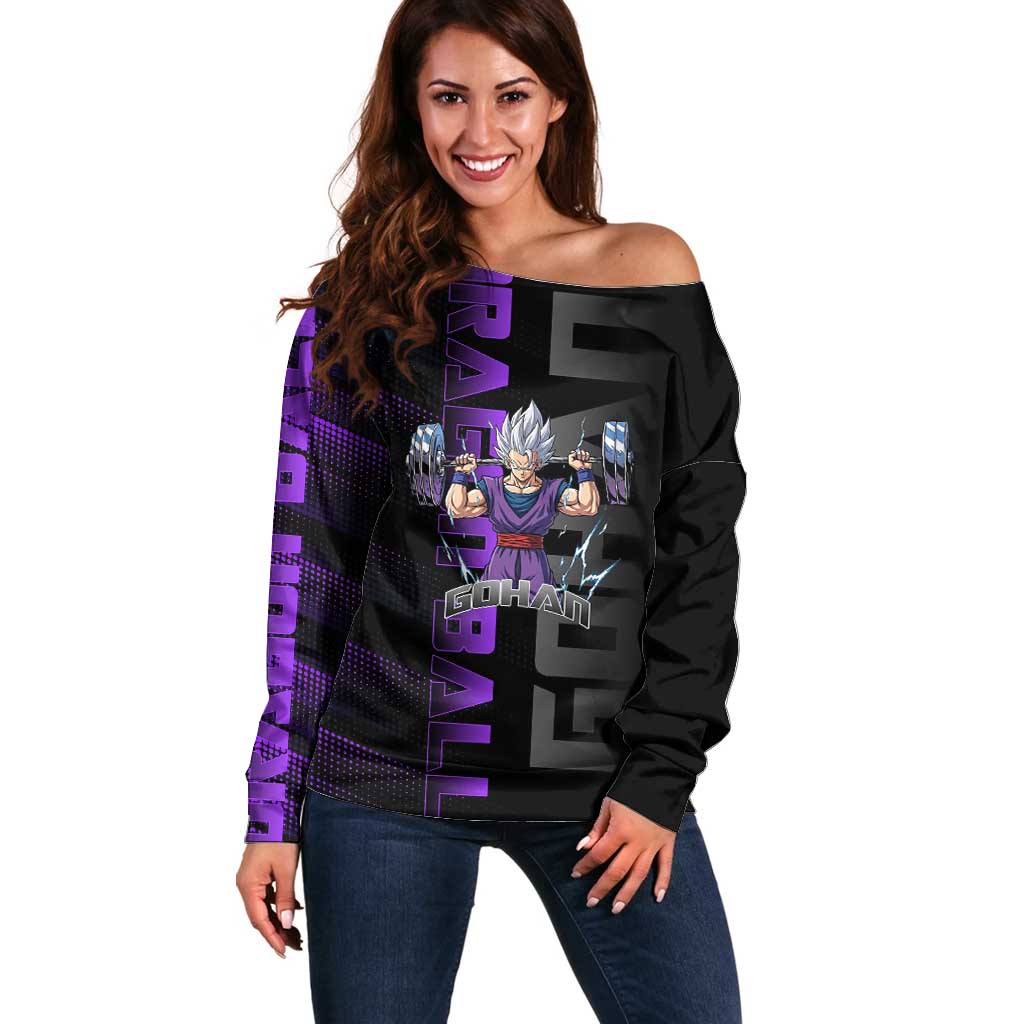 Gohan Dragon Ball Gym Theme Off Shoulder Sweater with Dumbbell Power Lift and Electric Aura on Black and Purple Design - The Mazicc