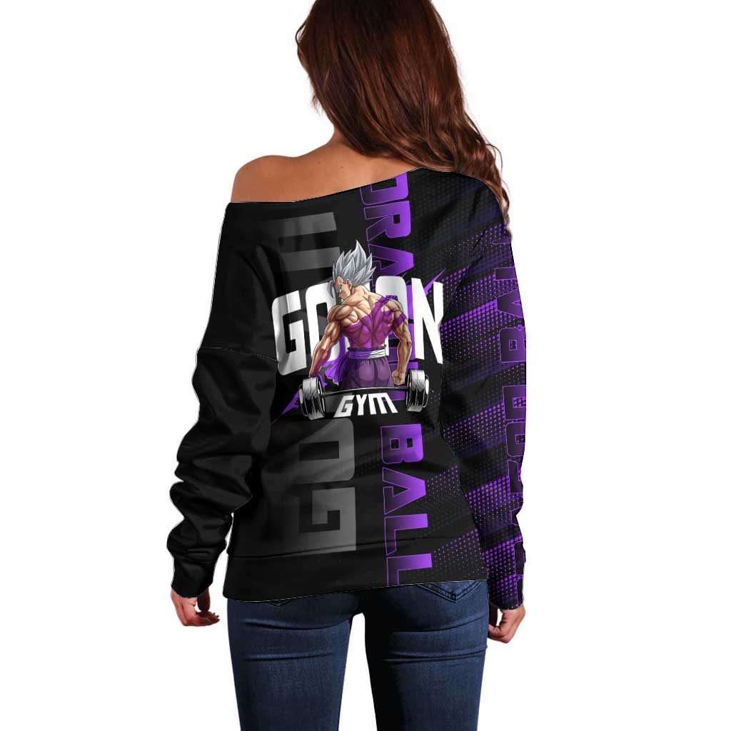 Gohan Dragon Ball Gym Theme Off Shoulder Sweater with Dumbbell Power Lift and Electric Aura on Black and Purple Design - The Mazicc
