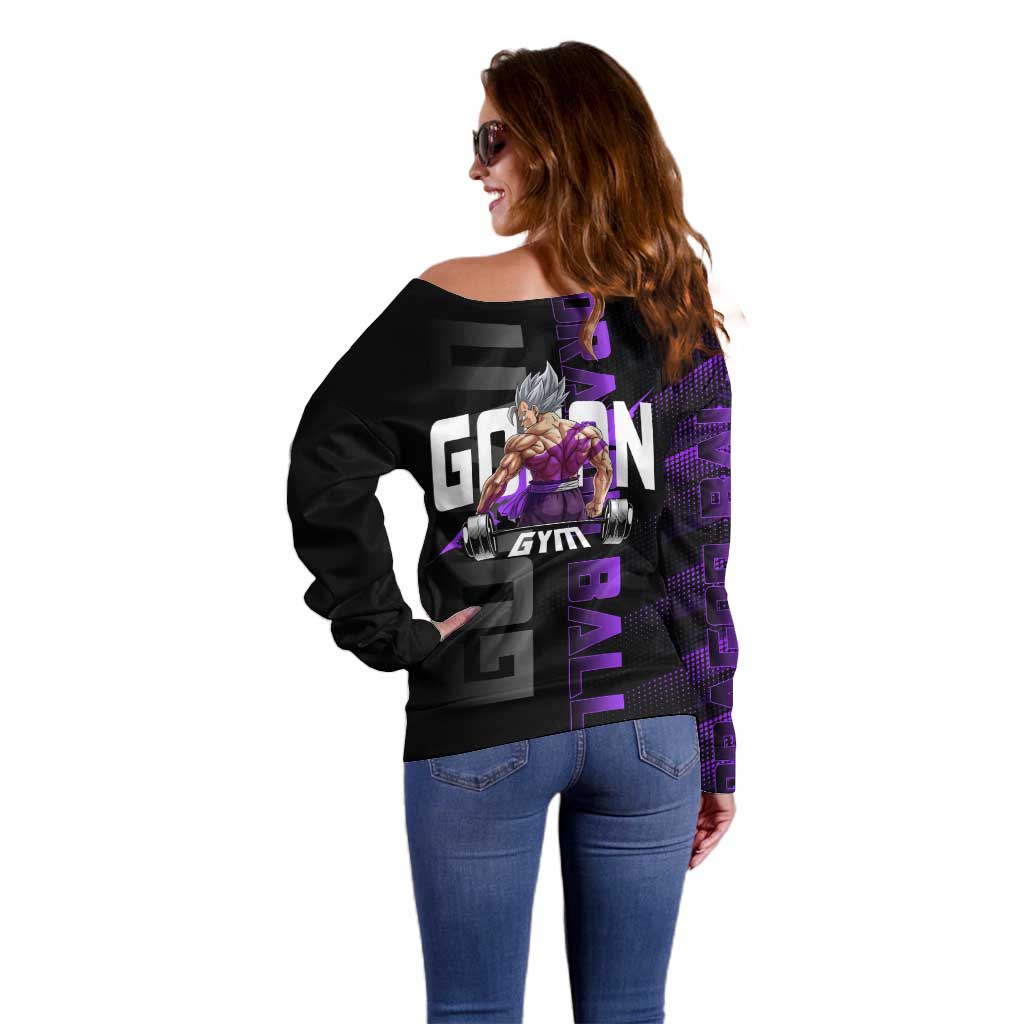 Gohan Dragon Ball Gym Theme Off Shoulder Sweater with Dumbbell Power Lift and Electric Aura on Black and Purple Design - The Mazicc