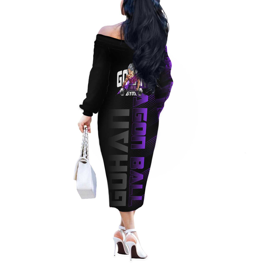 Gohan Dragon Ball Gym Theme Off The Shoulder Long Sleeve Dress with Dumbbell Power Lift and Electric Aura on Black and Purple Design - The Mazicc