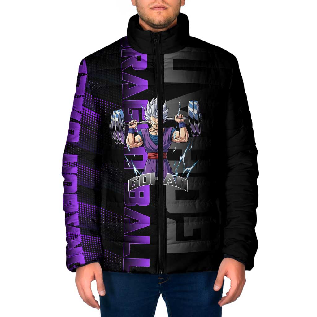Gohan Dragon Ball Gym Theme Padded Jacket with Dumbbell Power Lift and Electric Aura on Black and Purple Design - The Mazicc