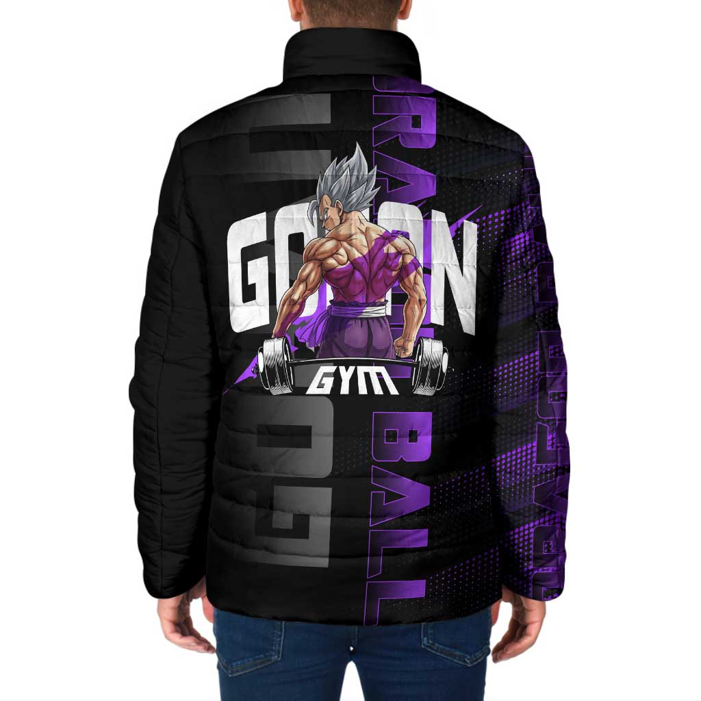 Gohan Dragon Ball Gym Theme Padded Jacket with Dumbbell Power Lift and Electric Aura on Black and Purple Design - The Mazicc
