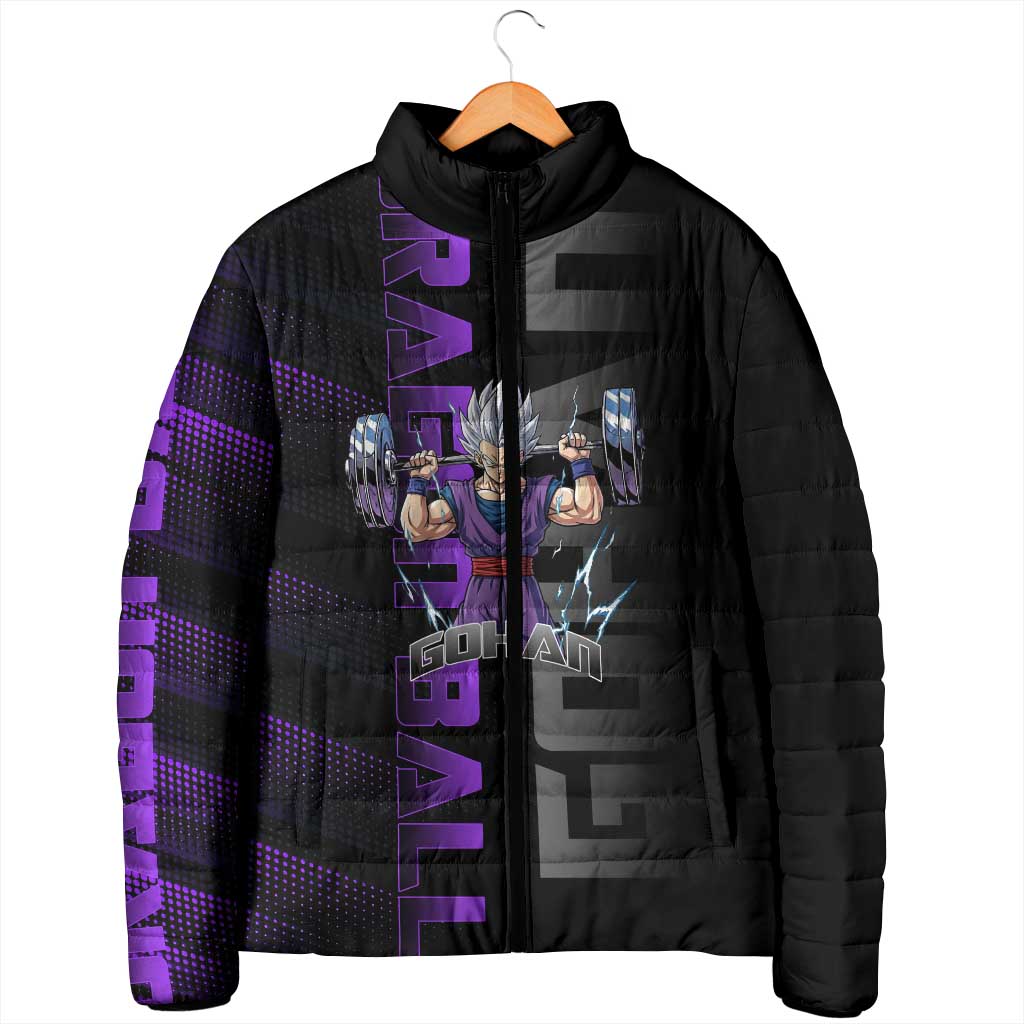 Gohan Dragon Ball Gym Theme Padded Jacket with Dumbbell Power Lift and Electric Aura on Black and Purple Design - The Mazicc