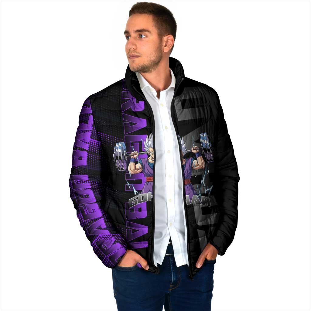 Gohan Dragon Ball Gym Theme Padded Jacket with Dumbbell Power Lift and Electric Aura on Black and Purple Design - The Mazicc