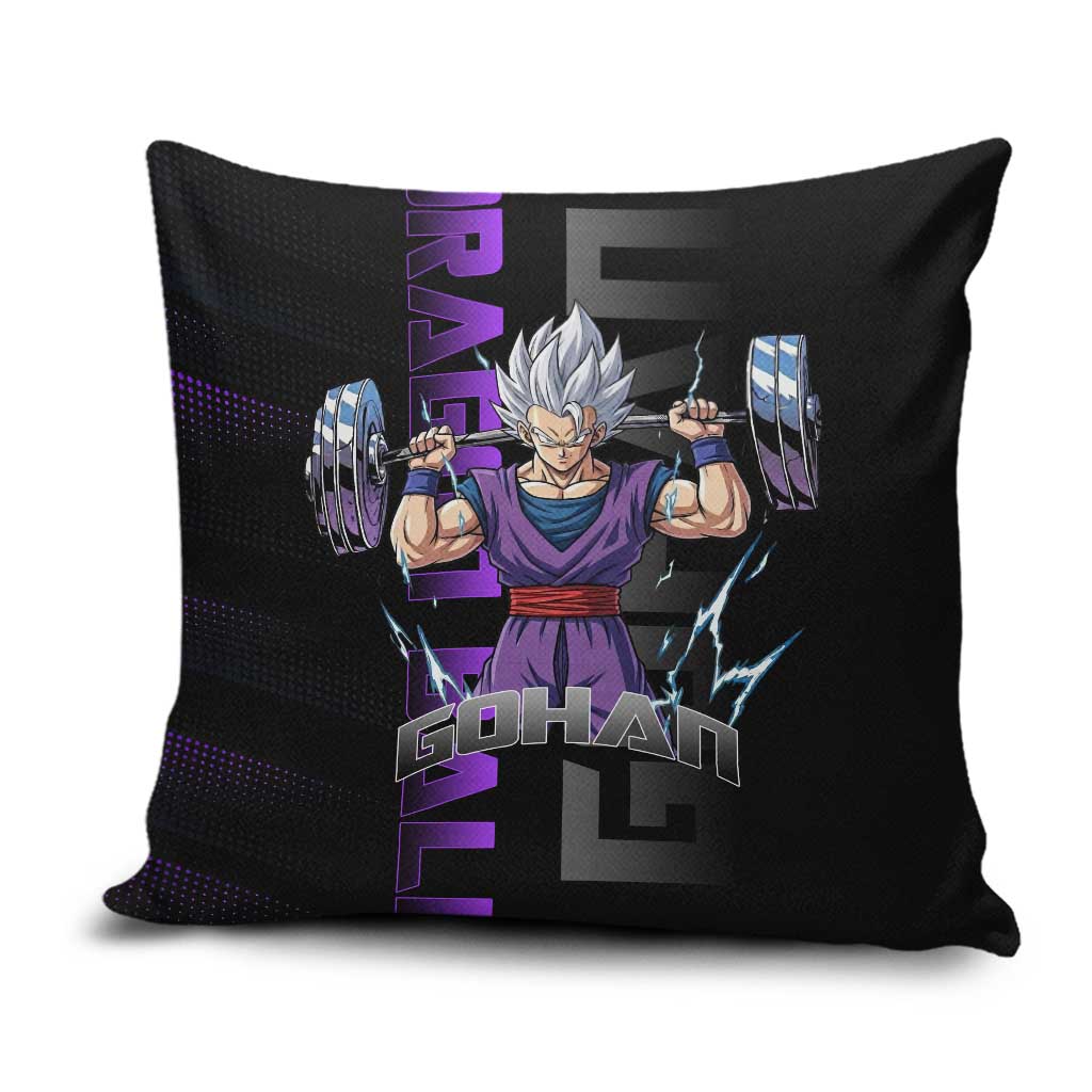 Gohan Dragon Ball Gym Theme Pillow Cover with Dumbbell Power Lift and Electric Aura on Black and Purple Design - The Mazicc