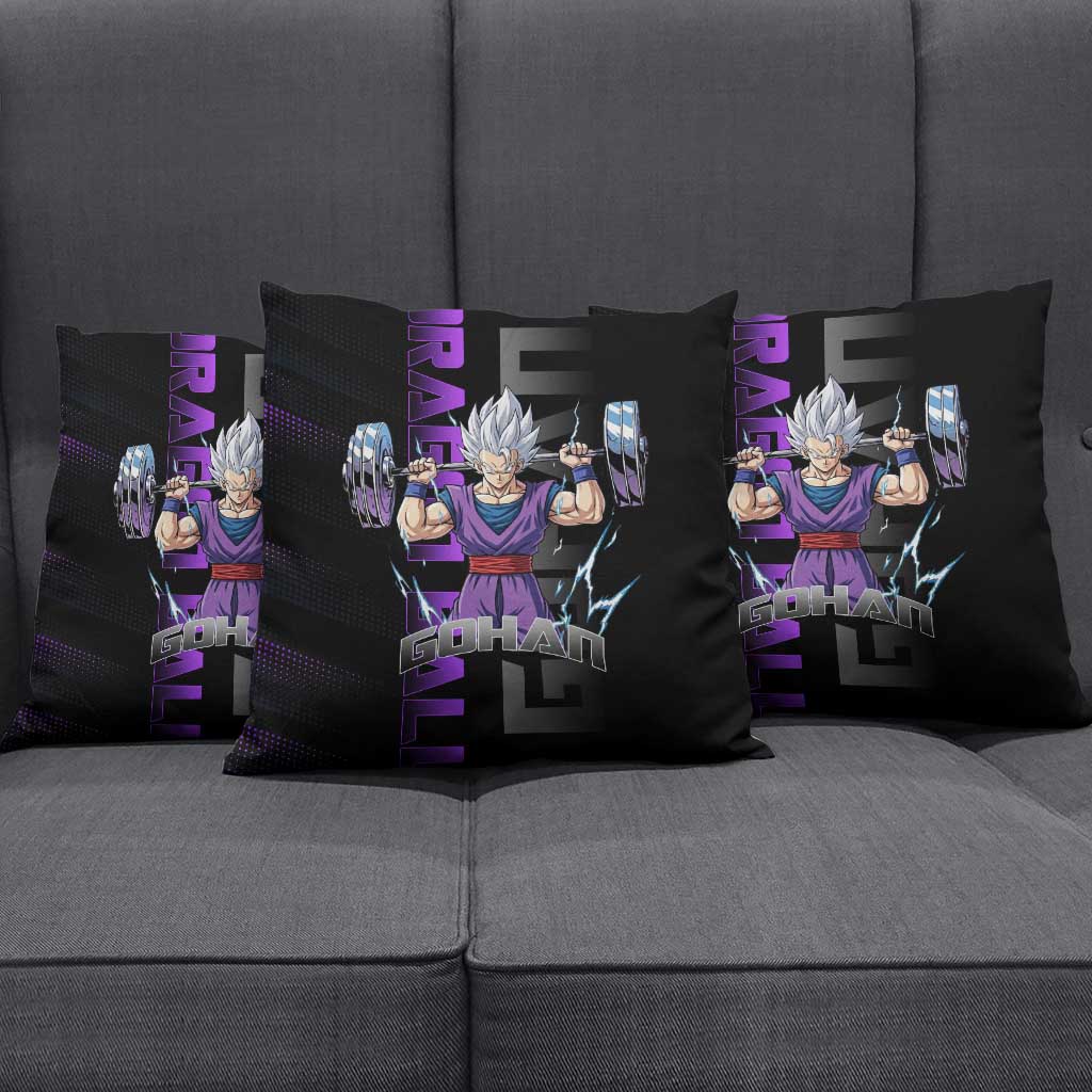 Gohan Dragon Ball Gym Theme Pillow Cover with Dumbbell Power Lift and Electric Aura on Black and Purple Design - The Mazicc