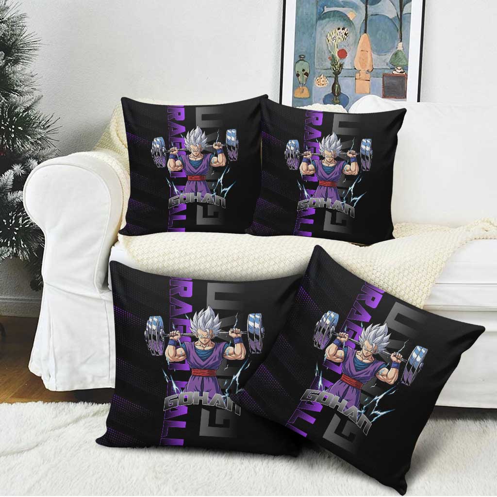 Gohan Dragon Ball Gym Theme Pillow Cover with Dumbbell Power Lift and Electric Aura on Black and Purple Design - The Mazicc