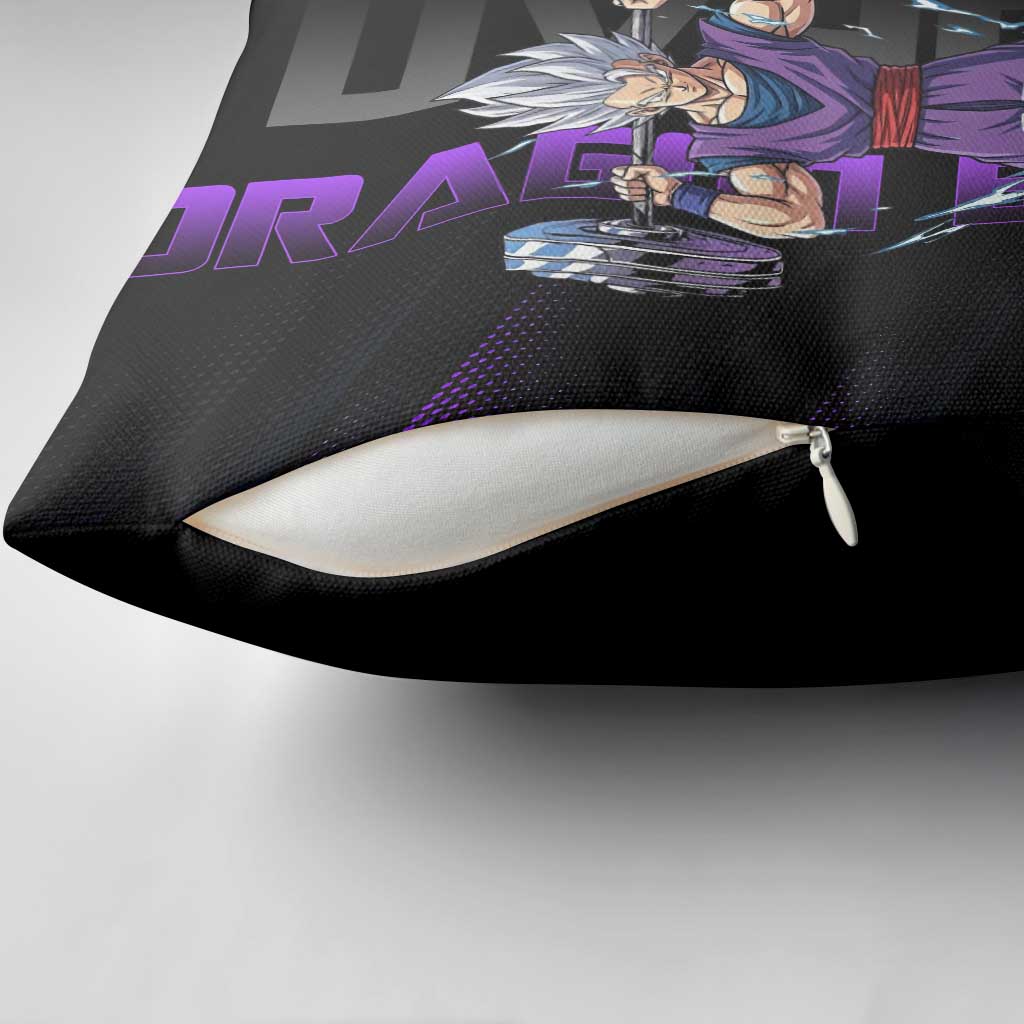 Gohan Dragon Ball Gym Theme Pillow Cover with Dumbbell Power Lift and Electric Aura on Black and Purple Design - The Mazicc