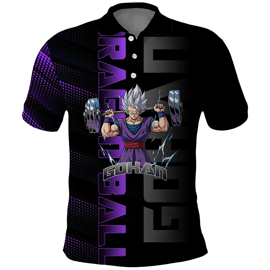 Gohan Dragon Ball Gym Theme Polo Shirt with Dumbbell Power Lift and Electric Aura on Black and Purple Design - The Mazicc