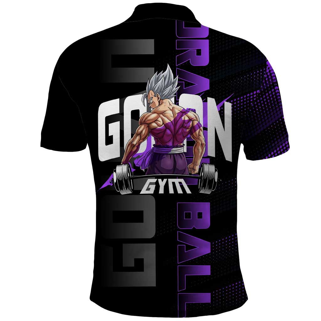 Gohan Dragon Ball Gym Theme Polo Shirt with Dumbbell Power Lift and Electric Aura on Black and Purple Design - The Mazicc