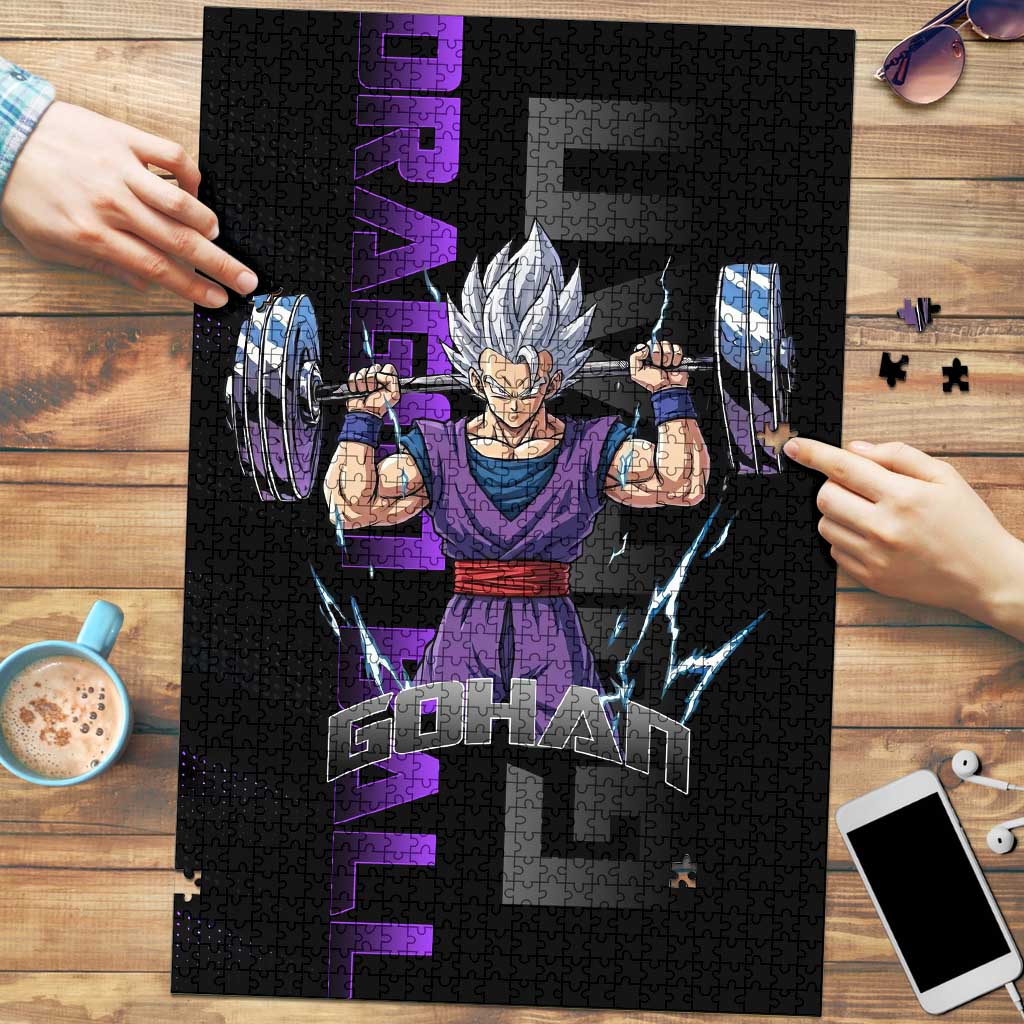 Gohan Dragon Ball Gym Theme Puzzle with Dumbbell Power Lift and Electric Aura on Black and Purple Design - The Mazicc