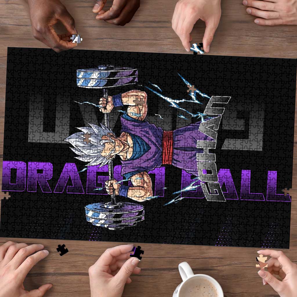 Gohan Dragon Ball Gym Theme Puzzle with Dumbbell Power Lift and Electric Aura on Black and Purple Design - The Mazicc