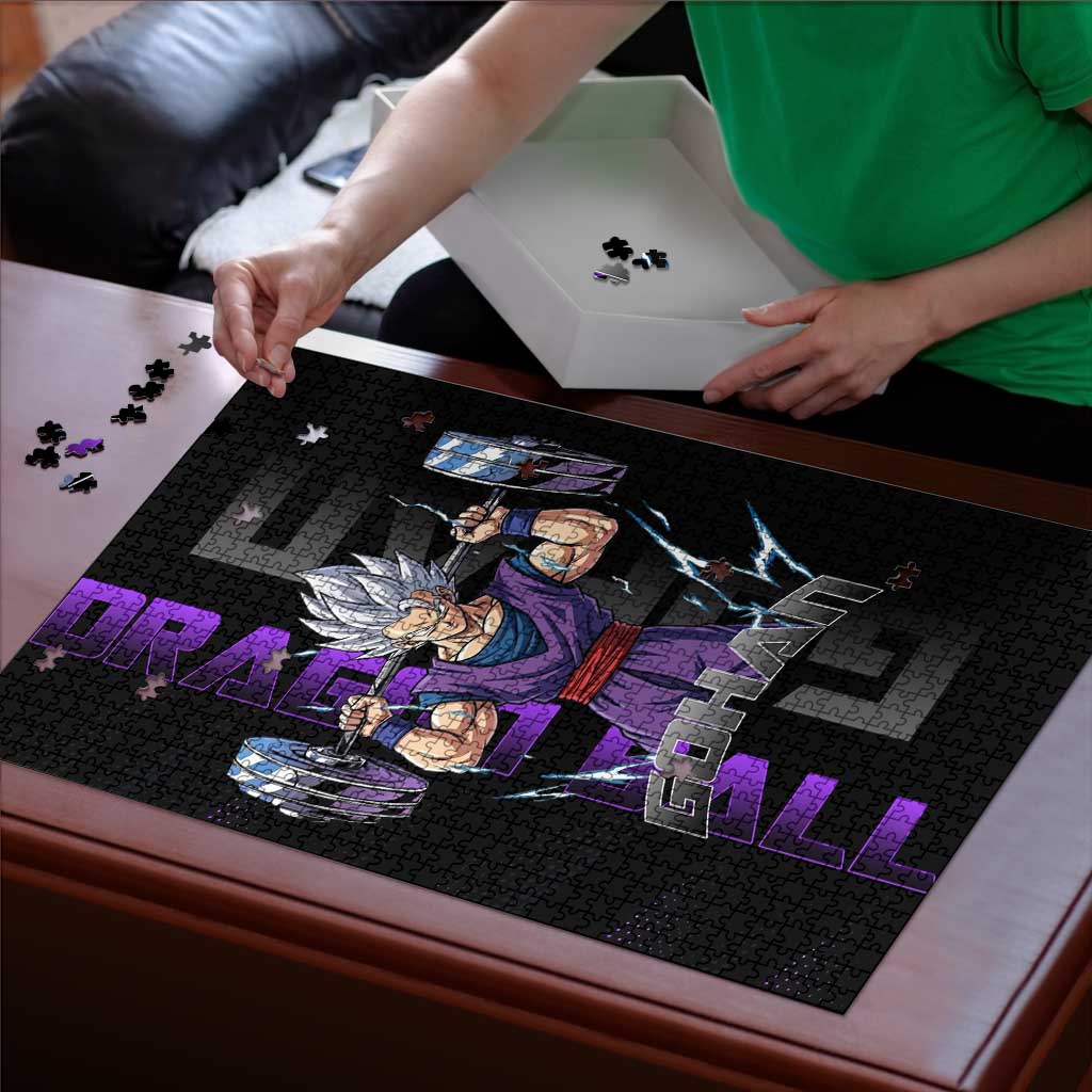 Gohan Dragon Ball Gym Theme Puzzle with Dumbbell Power Lift and Electric Aura on Black and Purple Design - The Mazicc