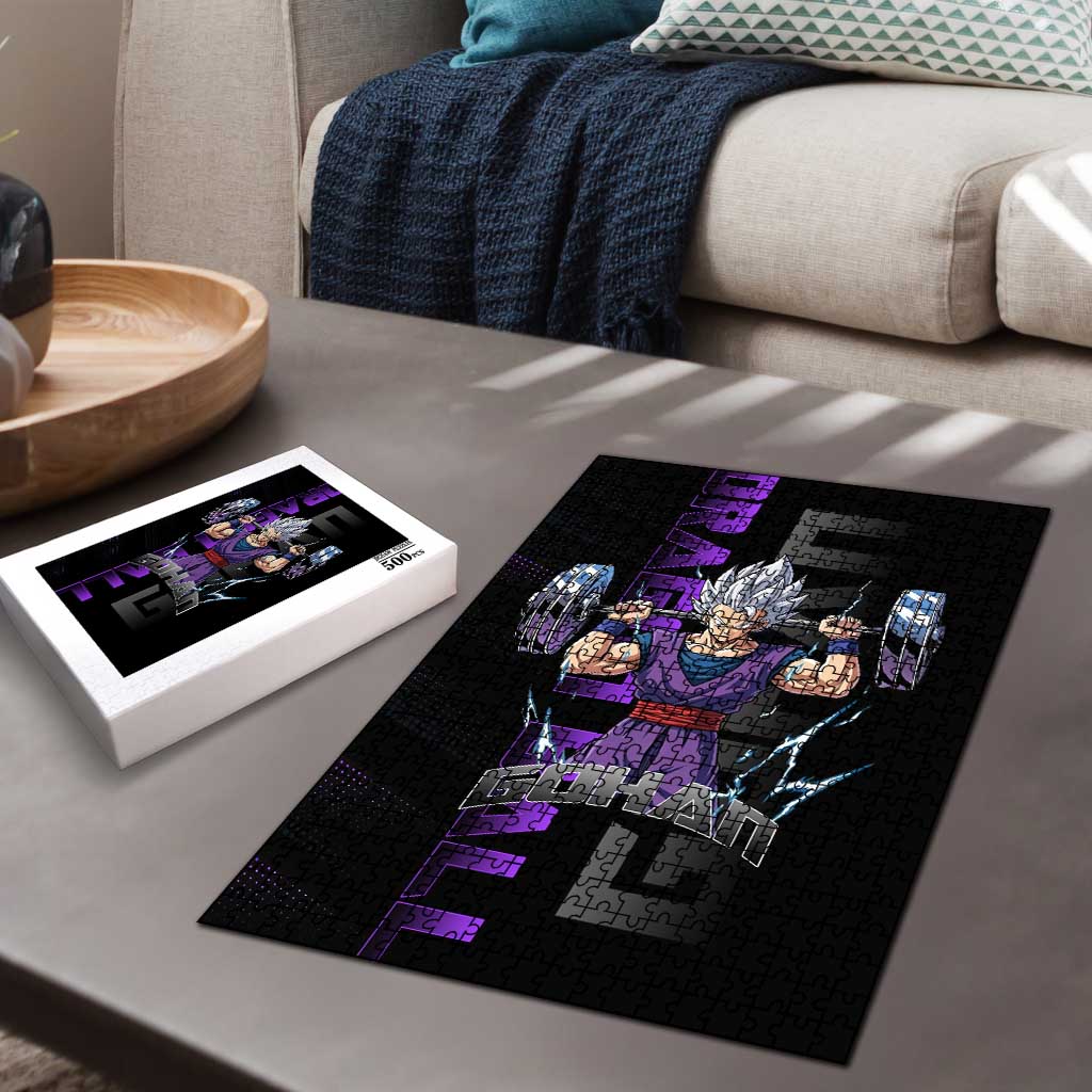 Gohan Dragon Ball Gym Theme Puzzle with Dumbbell Power Lift and Electric Aura on Black and Purple Design - The Mazicc