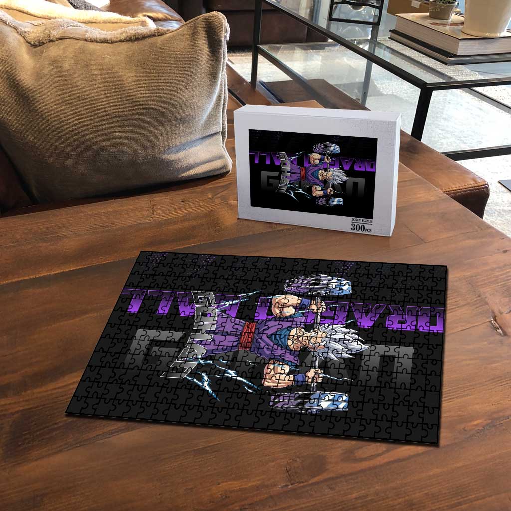 Gohan Dragon Ball Gym Theme Puzzle with Dumbbell Power Lift and Electric Aura on Black and Purple Design - The Mazicc