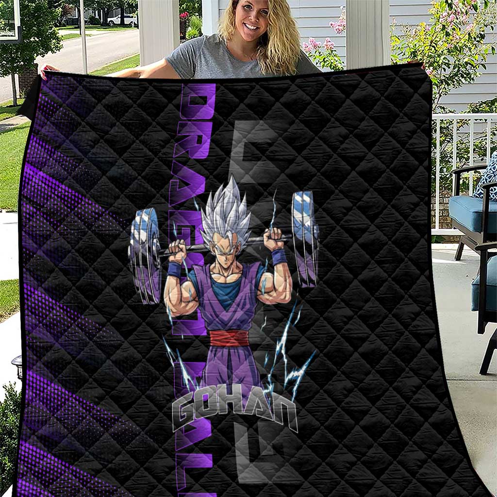 Gohan Dragon Ball Gym Theme Quilt with Dumbbell Power Lift and Electric Aura on Black and Purple Design - The Mazicc