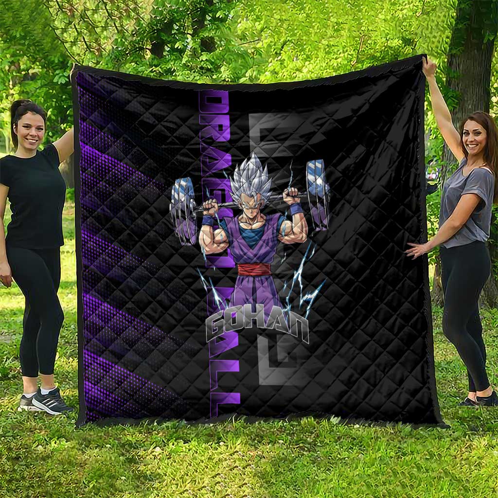 Gohan Dragon Ball Gym Theme Quilt with Dumbbell Power Lift and Electric Aura on Black and Purple Design - The Mazicc