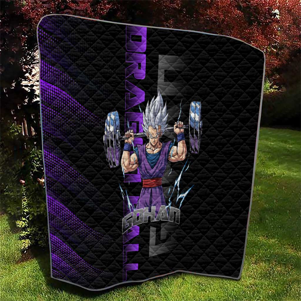 Gohan Dragon Ball Gym Theme Quilt with Dumbbell Power Lift and Electric Aura on Black and Purple Design - The Mazicc