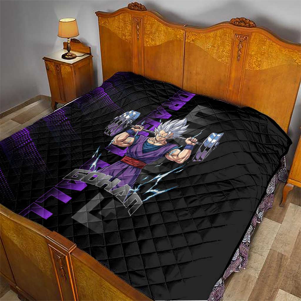 Gohan Dragon Ball Gym Theme Quilt with Dumbbell Power Lift and Electric Aura on Black and Purple Design - The Mazicc
