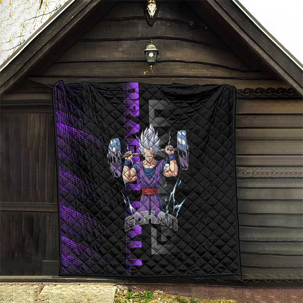 Gohan Dragon Ball Gym Theme Quilt with Dumbbell Power Lift and Electric Aura on Black and Purple Design - The Mazicc