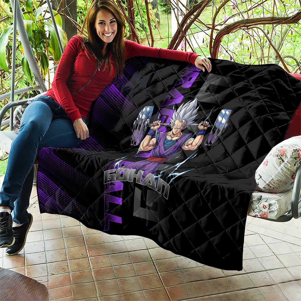 Gohan Dragon Ball Gym Theme Quilt with Dumbbell Power Lift and Electric Aura on Black and Purple Design - The Mazicc