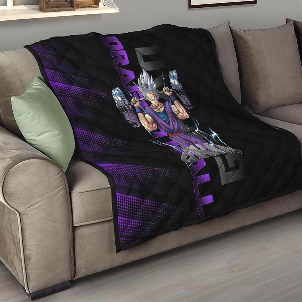 Gohan Dragon Ball Gym Theme Quilt with Dumbbell Power Lift and Electric Aura on Black and Purple Design - The Mazicc