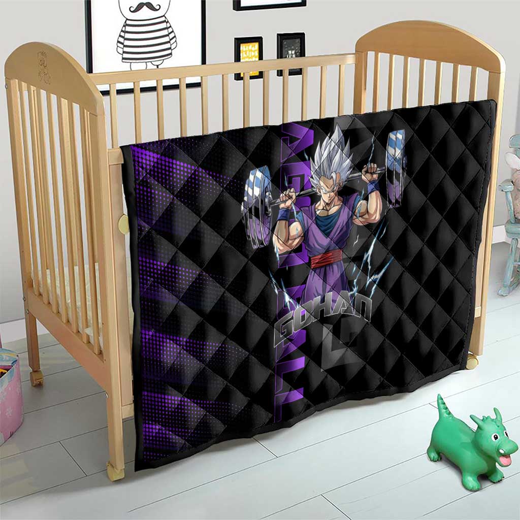 Gohan Dragon Ball Gym Theme Quilt with Dumbbell Power Lift and Electric Aura on Black and Purple Design - The Mazicc