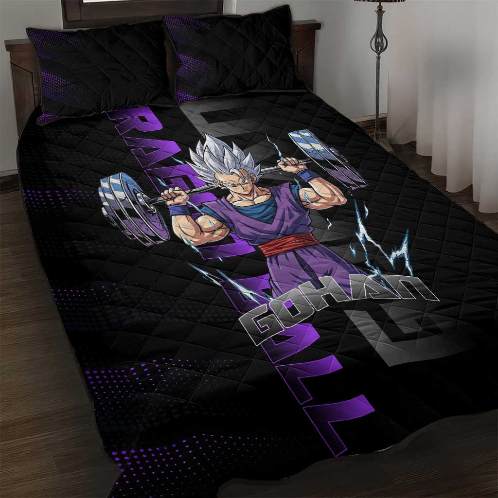 Gohan Dragon Ball Gym Theme Quilt Bed Set with Dumbbell Power Lift and Electric Aura on Black and Purple Design - The Mazicc