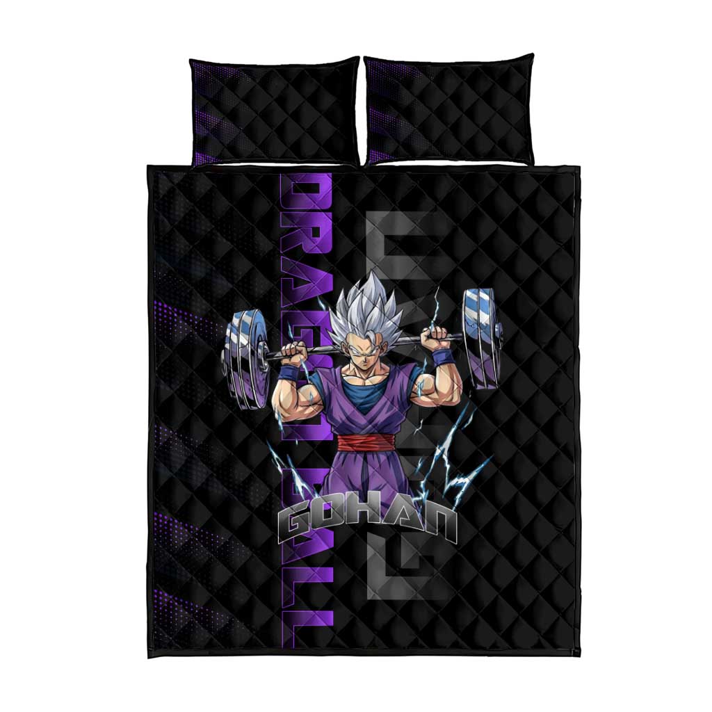 Gohan Dragon Ball Gym Theme Quilt Bed Set with Dumbbell Power Lift and Electric Aura on Black and Purple Design - The Mazicc