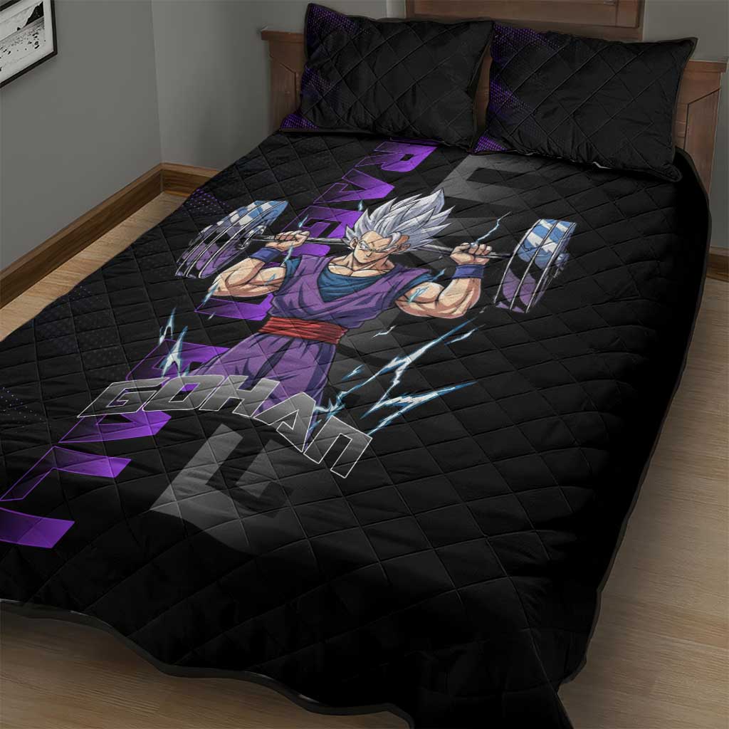 Gohan Dragon Ball Gym Theme Quilt Bed Set with Dumbbell Power Lift and Electric Aura on Black and Purple Design - The Mazicc