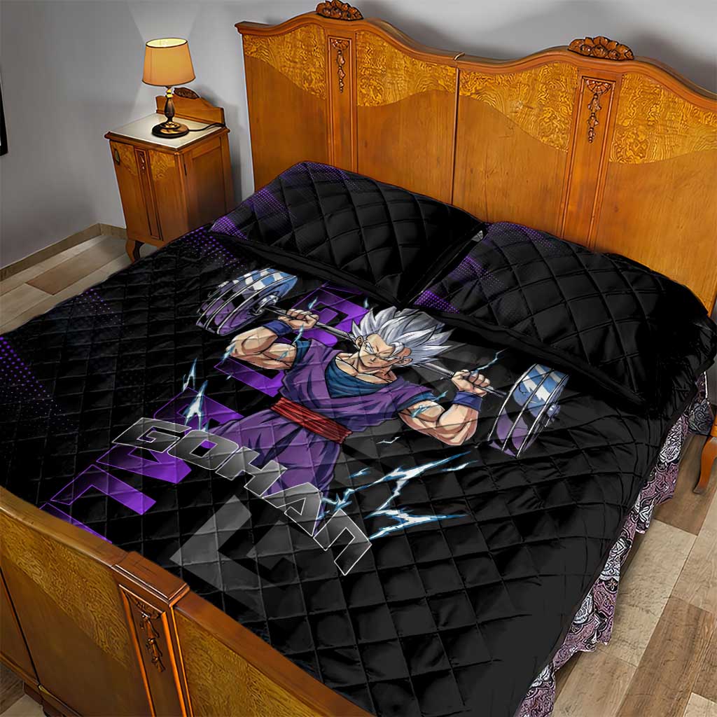 Gohan Dragon Ball Gym Theme Quilt Bed Set with Dumbbell Power Lift and Electric Aura on Black and Purple Design - The Mazicc