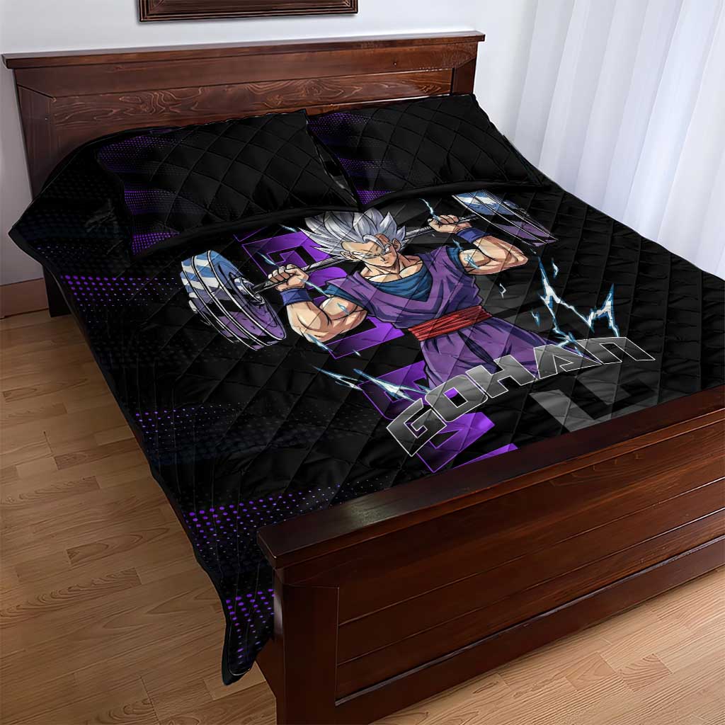 Gohan Dragon Ball Gym Theme Quilt Bed Set with Dumbbell Power Lift and Electric Aura on Black and Purple Design - The Mazicc
