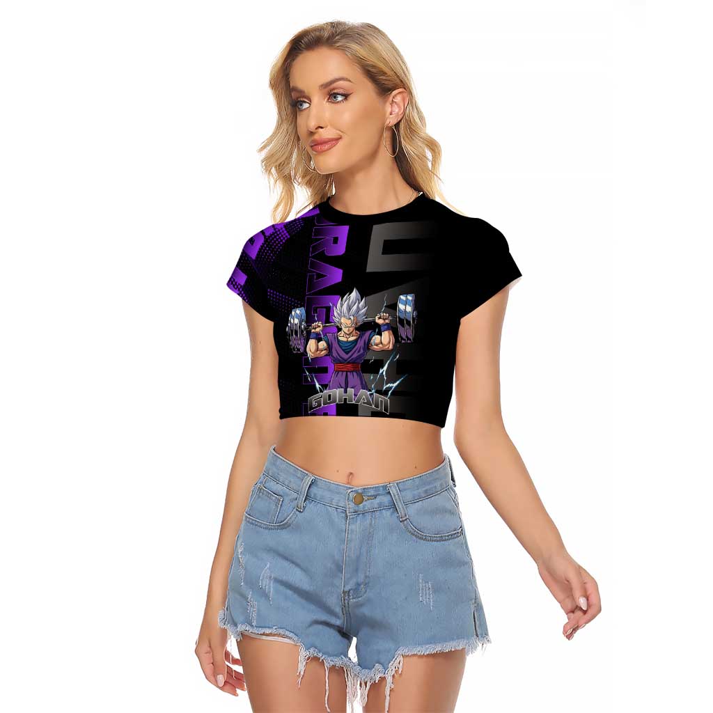 Gohan Dragon Ball Gym Theme Raglan Cropped T Shirt with Dumbbell Power Lift and Electric Aura on Black and Purple Design - The Mazicc