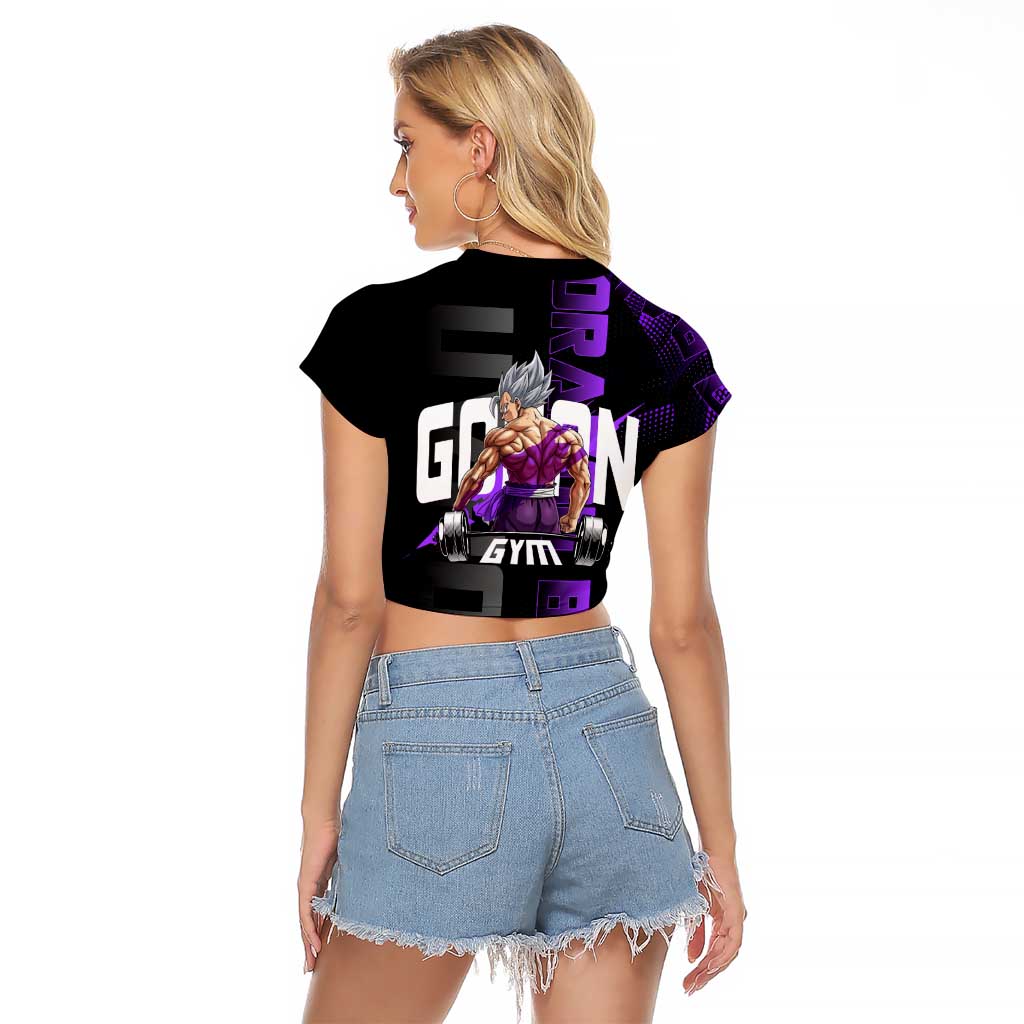 Gohan Dragon Ball Gym Theme Raglan Cropped T Shirt with Dumbbell Power Lift and Electric Aura on Black and Purple Design - The Mazicc