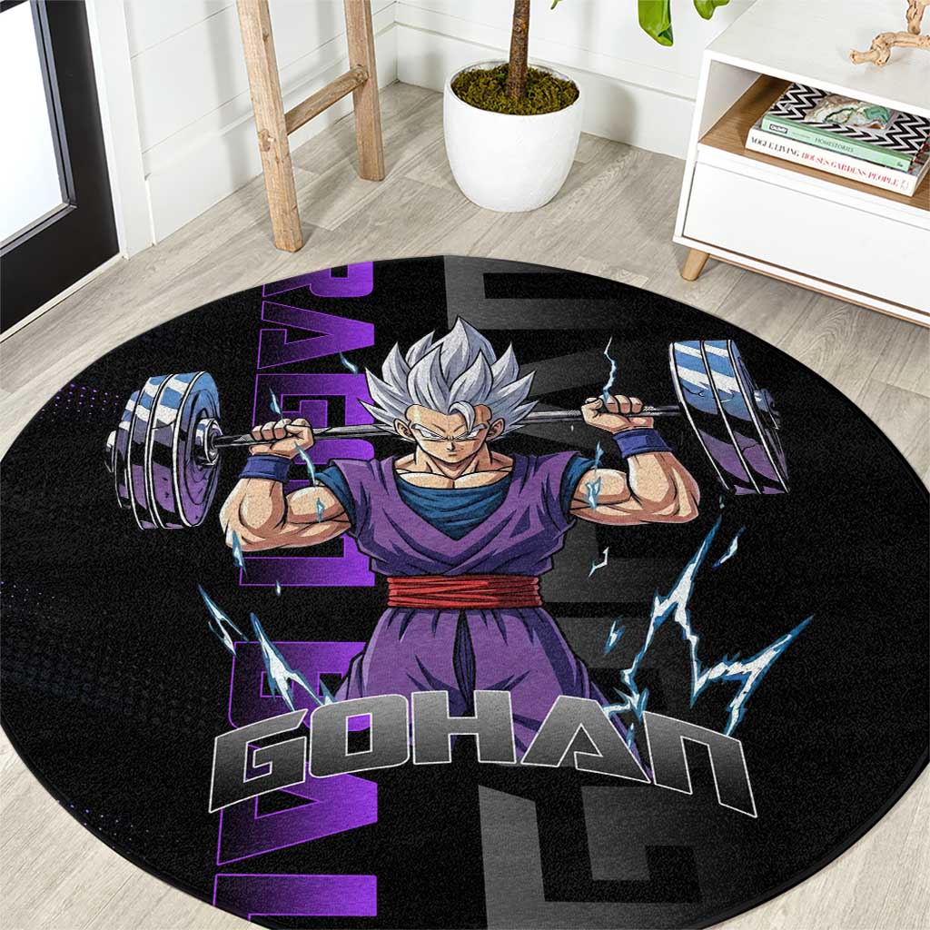 Gohan Dragon Ball Gym Theme Round Carpet with Dumbbell Power Lift and Electric Aura on Black and Purple Design - The Mazicc