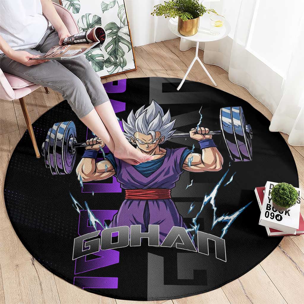 Gohan Dragon Ball Gym Theme Round Carpet with Dumbbell Power Lift and Electric Aura on Black and Purple Design - The Mazicc