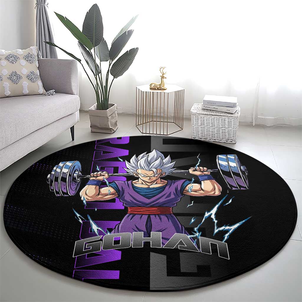 Gohan Dragon Ball Gym Theme Round Carpet with Dumbbell Power Lift and Electric Aura on Black and Purple Design - The Mazicc
