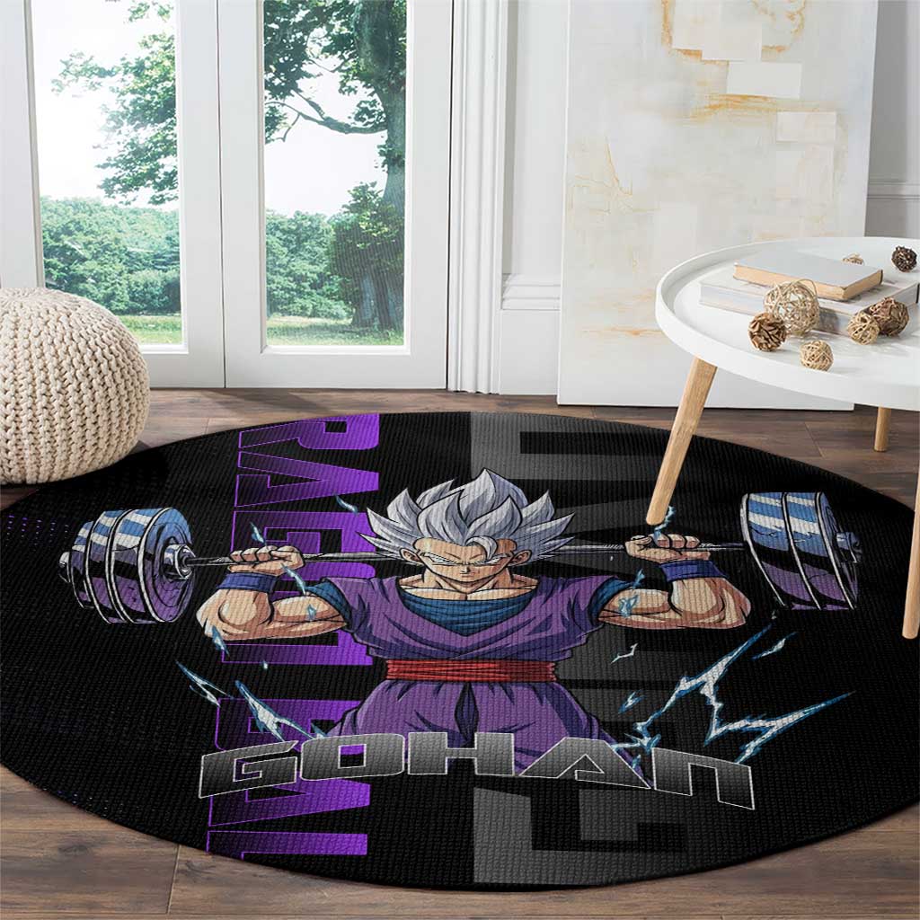 Gohan Dragon Ball Gym Theme Round Carpet with Dumbbell Power Lift and Electric Aura on Black and Purple Design - The Mazicc
