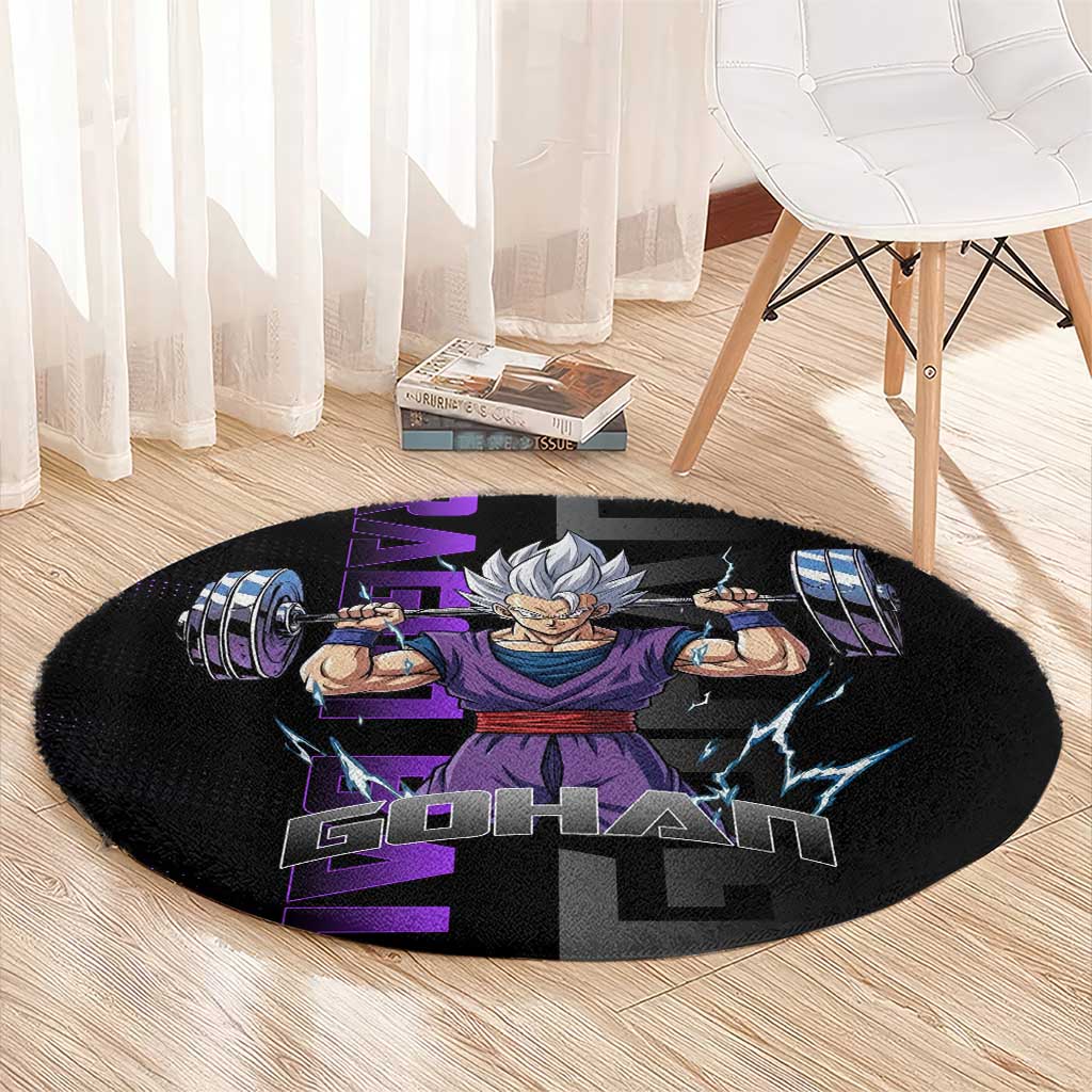 Gohan Dragon Ball Gym Theme Round Carpet with Dumbbell Power Lift and Electric Aura on Black and Purple Design - The Mazicc