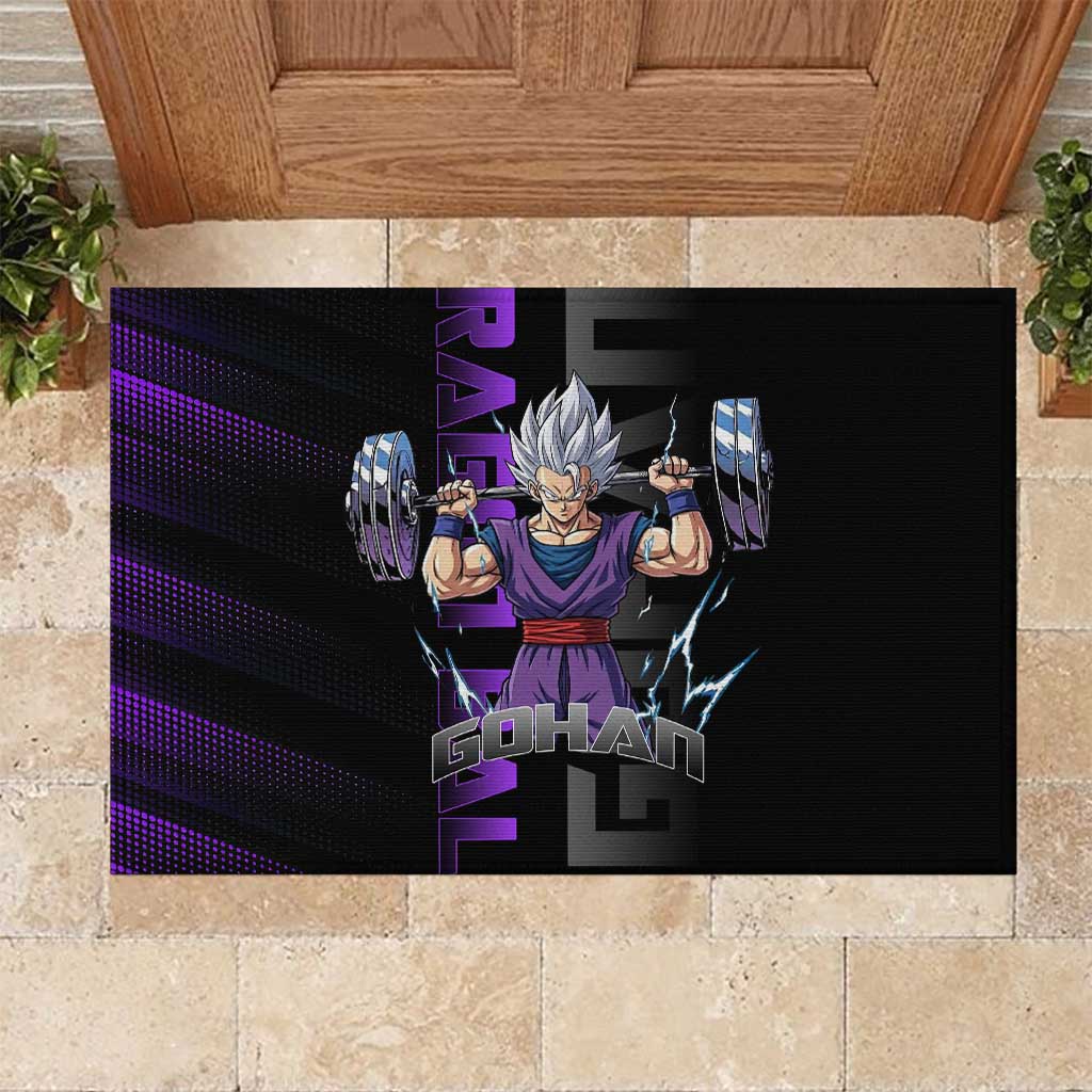 Gohan Dragon Ball Gym Theme Rubber Doormat with Dumbbell Power Lift and Electric Aura on Black and Purple Design - The Mazicc