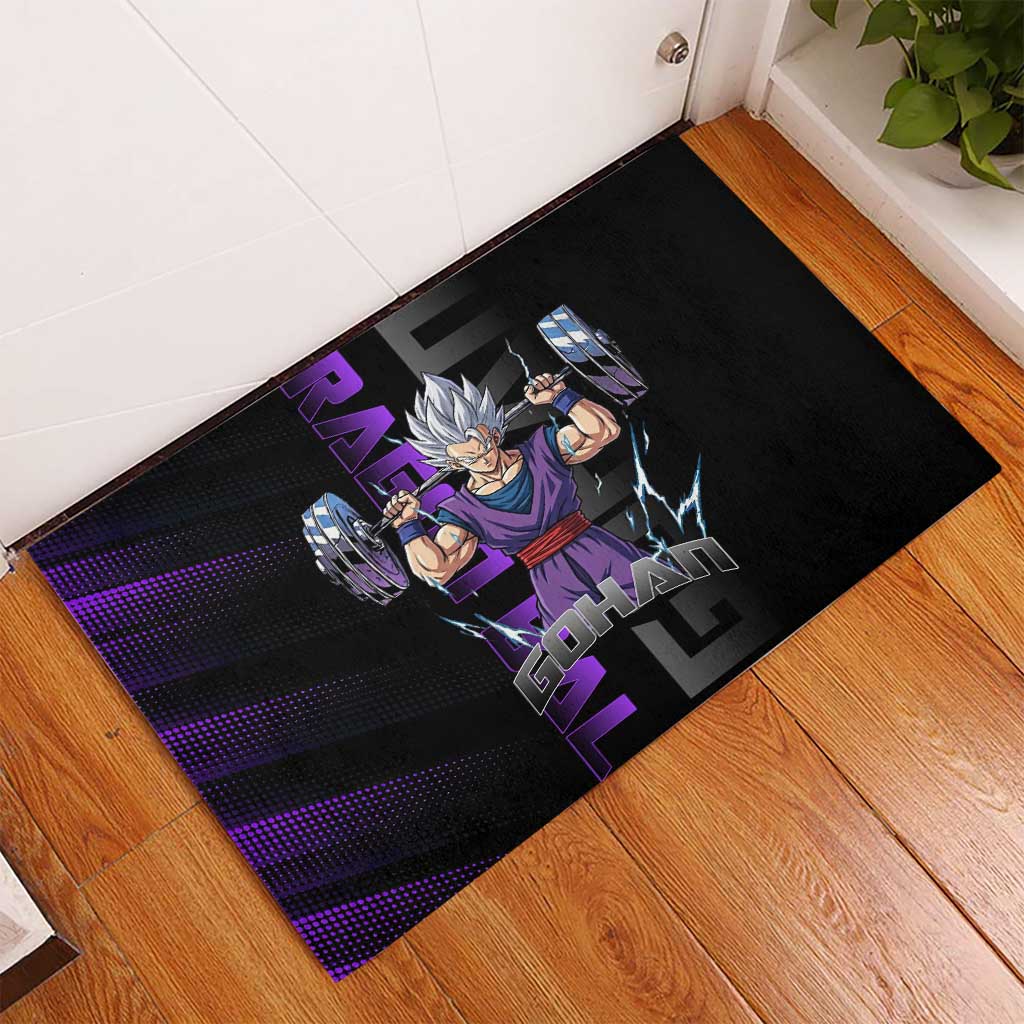 Gohan Dragon Ball Gym Theme Rubber Doormat with Dumbbell Power Lift and Electric Aura on Black and Purple Design - The Mazicc