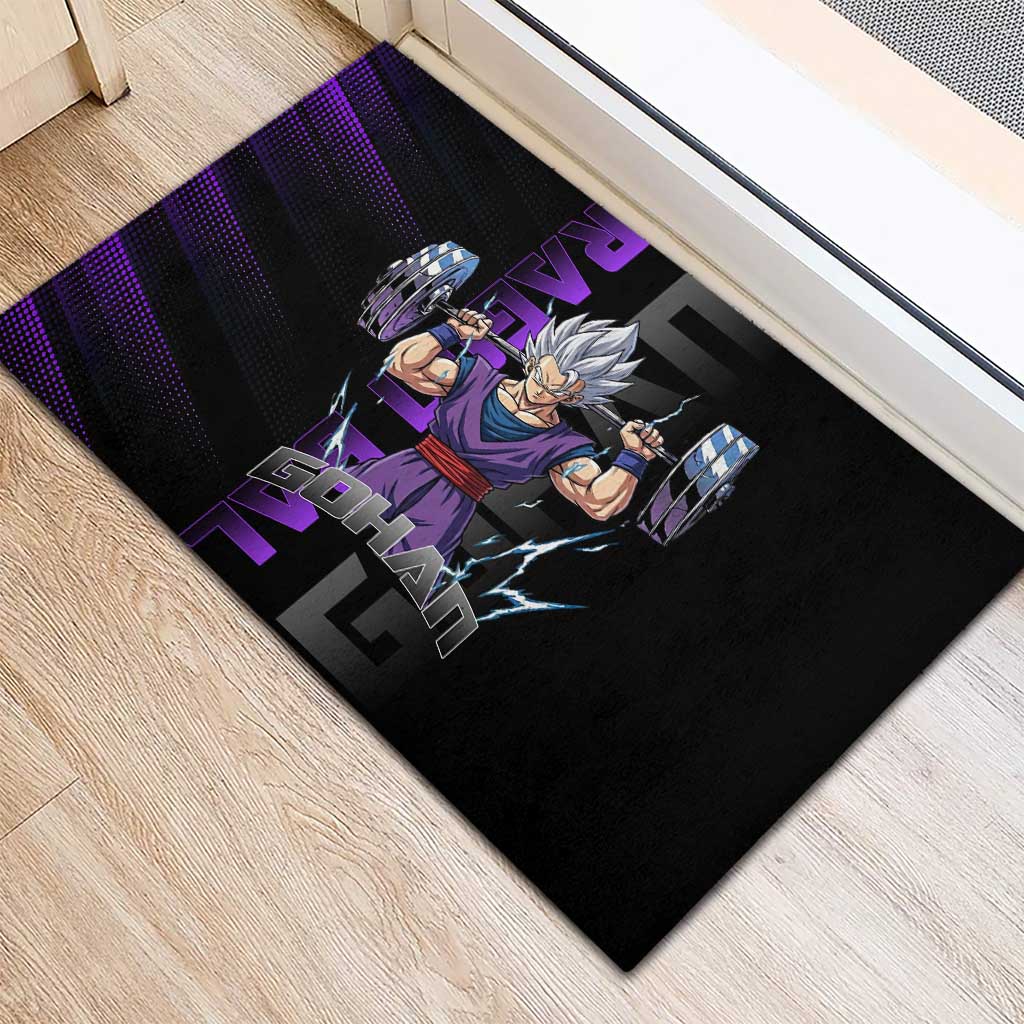 Gohan Dragon Ball Gym Theme Rubber Doormat with Dumbbell Power Lift and Electric Aura on Black and Purple Design - The Mazicc
